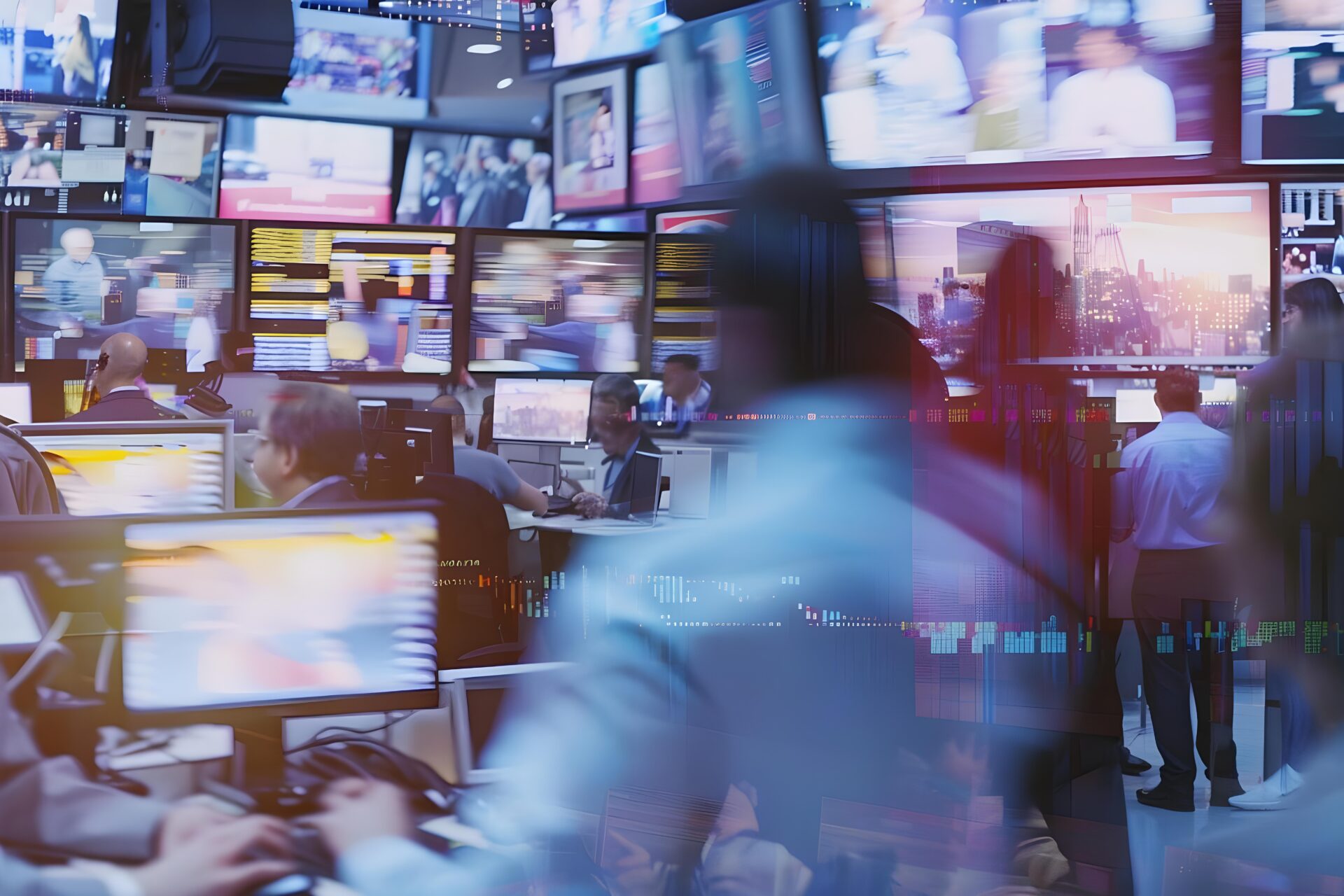 Busy newsroom scene with people working at desks focused on computer screens covering a big business