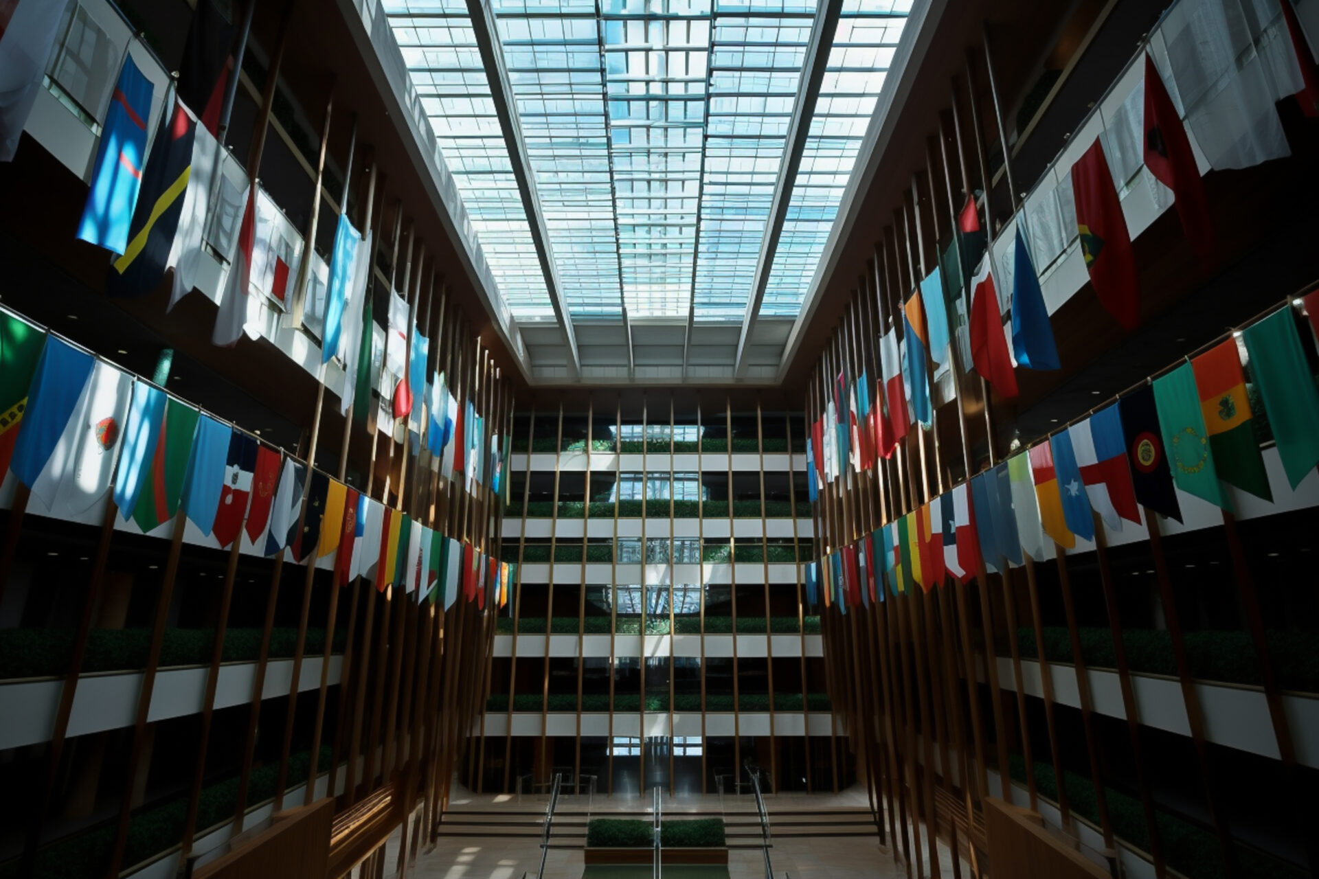 the library in the library is filled with flags like the united states.