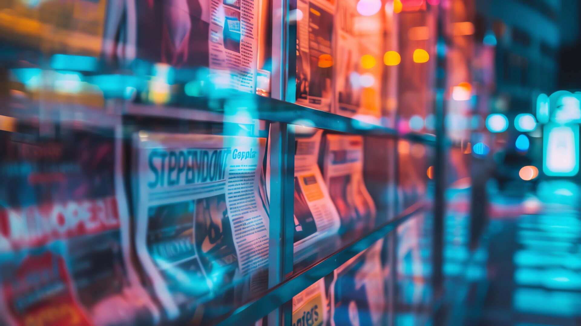 A newspaper stand with colorful lights at night