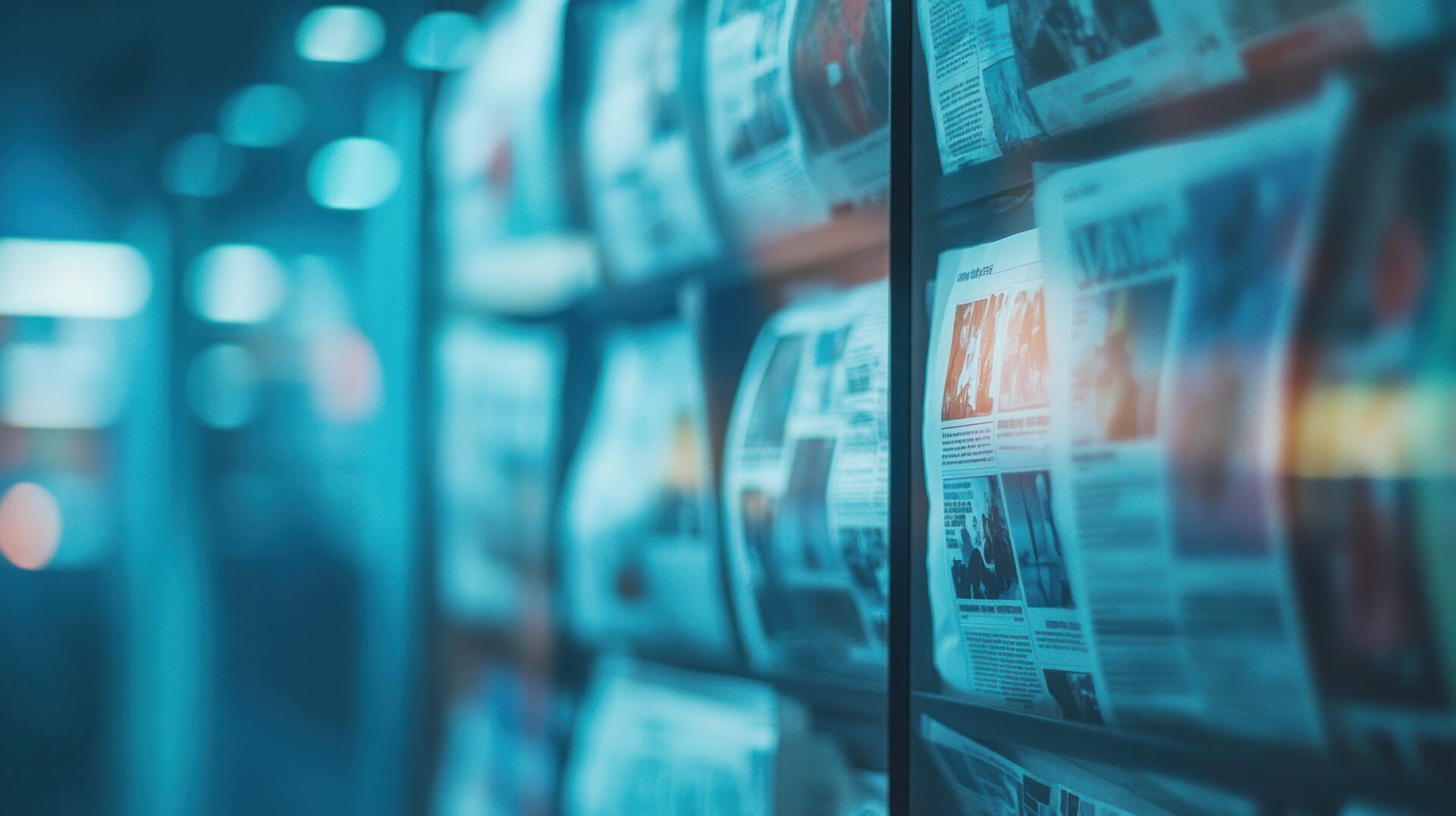 City newsstand newspapers display blurry background information access